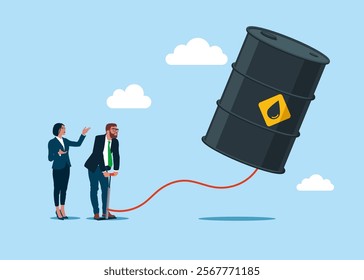 Businessman pumps up a balloon of a oil barrel. Crude oil price soaring sky high hit new high record concept. Inflation, price rise, money value decrease, oil barrel. Flat vector illustration.