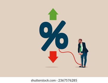 Businessman pumps up a balloon of percentage icon. Exchange transfer rate. Flat vector illustration