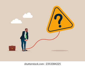 Businessman pumps up a balloon of a question mark floats higher. Problem and root cause analysis, answer for business problem. Ask questions to get answer for solving problem. 