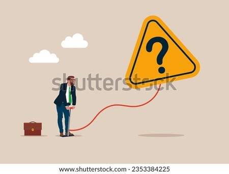 Businessman pumps up a balloon of a question mark floats higher. Problem and root cause analysis, answer for business problem. Ask questions to get answer for solving problem. 