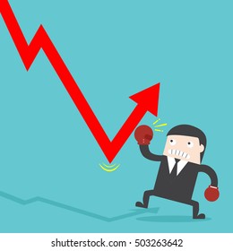 businessman punch drop down graph. fight with loss. try to keep up stock rate. Profit increase. adjust an uptrend graph. Bull and bear traders on stock exchange. building to success concept vector