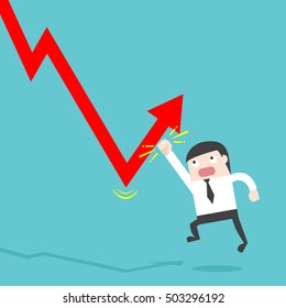 Businessman punch drop down graph. fight with loss. try to keep up stock rate. Profit increase. adjust an uptrend graph. Bull and bear traders on stock exchange. building to success concept vector