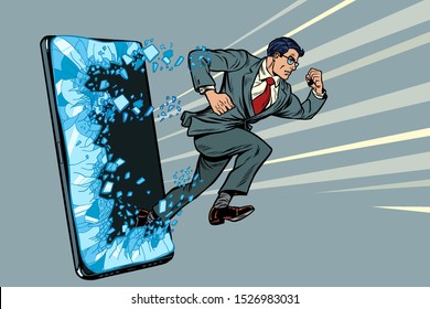 businessman punches the screen Phone gadget smartphone. Online Internet application service program. Pop art retro vector illustration drawing vintage kitsch