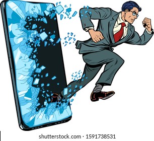 businessman punches the screen Phone gadget smartphone. Online Internet application service program. Pop art retro vector illustration drawing vintage kitsch