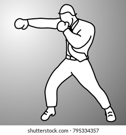 businessman punching with boxing gloves vector illustration doodle sketch hand drawn with black lines isolated on gray background. Business concept. 
