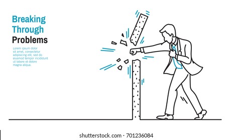 Businessman punching breaking through wall, business concept of solving problem, winning obstacle. Outline, thin line art, linear, hand drawn sketch design, doodle, cartoon, character.