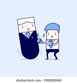 Businessman punching manager tumbler doll. Cartoon character thin line style vector.