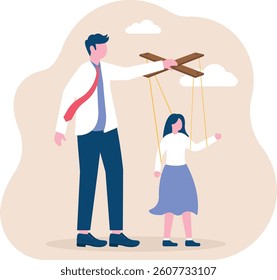 Businessman as puppet controlled by big hand puppeteer. Business manipulation concept.

