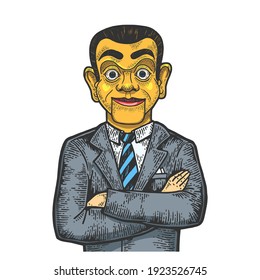 Businessman with puppet head color sketch engraving vector illustration. Scratch board style imitation. Black and white hand drawn image.