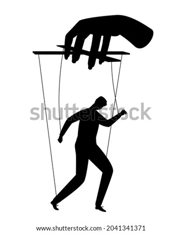 Businessman puppet. Human puppets control, puppeteer hands man marionette silhouette vector illustration, employee staff powers ropes concept, person doll on manipulator strings isolated on white