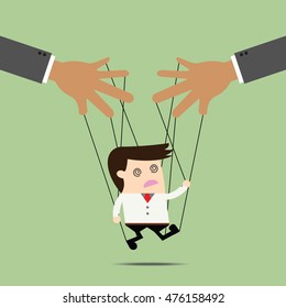 Businessman puppet on ropes. Business manipulate behind the scene concept