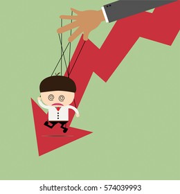 Businessman puppet on ropes and graph down. Business manipulate behind the scene concept