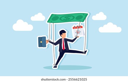 A businessman as a puppet tied with strings connected to dollar money holds a calendar schedule, illustration of binding business project rules to complete business agendas