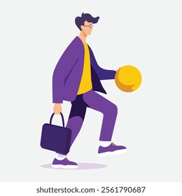 Businessman in Purple Suit Holding a Briefcase and Ball, Dynamic Business Concept Illustration