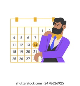 Un hombre de negocios con un traje morado reflexiona frente a un calendario, destacando una fecha significativa. Ideal para temas de programación, gestión de tiempo, planificación, estrategia corporativa y productividad.