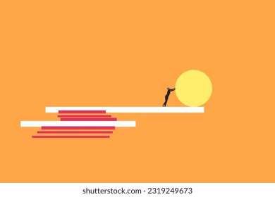 Empresario empuja la pelota, concepto de trabajo duro, esfuerzo y éxito. Ilustración de eps10 de diseño mínimo