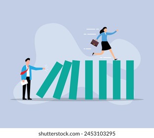 Empresario empuja gráficos de barras que caen en colapso económico Ilustración vectorial plana