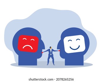 businessman push between negative and positive on big head human .mindset for career growth business concept illustrator vector. 