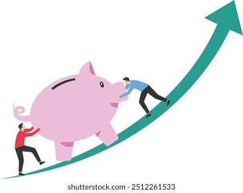 Empresário empurra grande mealheiro para cima gráfico ascendente e gráfico. Poupança, rendimentos de investimento decorrentes do conceito de mercado bolsista ou de fundo mutualista. Ilustração vetorial moderna em estilo plano


