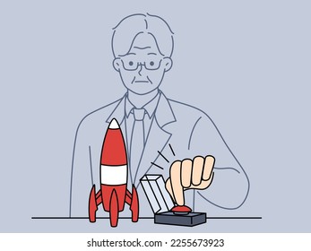 Businessman push button near rocket model launch innovative business project. Male CEO or boss present startup. Innovation and idea set in motion. Vector illustration. 