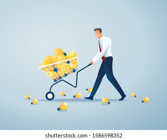 businessman push cart full of light bulbs, creative concept vector illustration EPS10