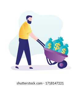 Businessman push cart with money bags. Reward or profit concept. Man employee with salary. Male character in trendy style. Investor carries money to startup. Flat vector illustration