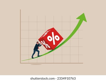 Businessman push the cube block with percentage symbol icon up graph with full effort. Pushing world economic forward, international investment growth. Interest, financial and mortgage rates. 