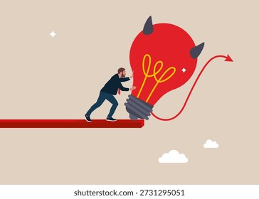 Empresário empurrar lâmpada do diabo de um penhasco. Depressão e ansiedade. Más ideias causam problemas e fracassos, má ideia ou erro estúpido, decepção por rejeição, má ideia e opinião negativa.
