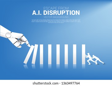 Businessman push the domino to fight with Robot hand. business concept of disruption of A.I. to make the domino effect.