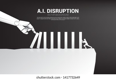 Businessman push the domino to fight with Robot hand. business concept of disruption of A.I. to make the domino effect. 