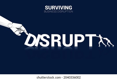 Businessman push the domino to fight with Robot hand. business concept of disruption of A.I. to make the domino effect. 
