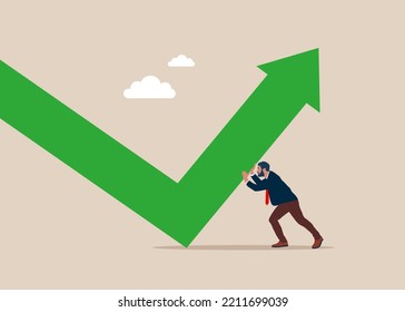 Businessman push falling arrow to rising up direction. Economic recovery from crisis or company return from loss to make profit. Flat vector illustration.