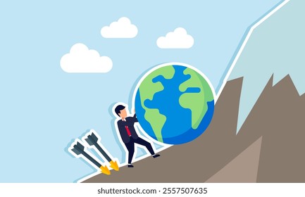 Businessman push a globe up a mountain with two arrows threatening from behind, illustration of securing and improve international business performance despite many business threats