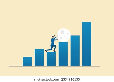 Businessman push heavy boulder step up to top graph. concept of problem or difficulty to achieve success, risk, increase earning and profit