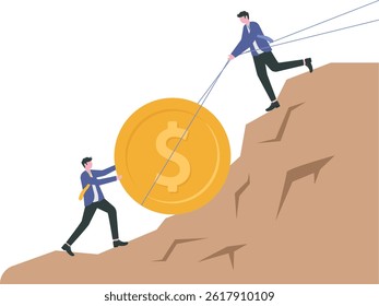 Businessman push icon dollar coin uphill on the mountain to the goal ,Growth, income, savings, investment. Symbol of wealth of success. illustration cartoon vector

