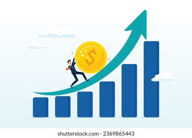 Businessman push money coin up exponential graph, compound interest exponential growth, investing earning profit, wealth management or savings, pension fund growing in long term investment (Vector)