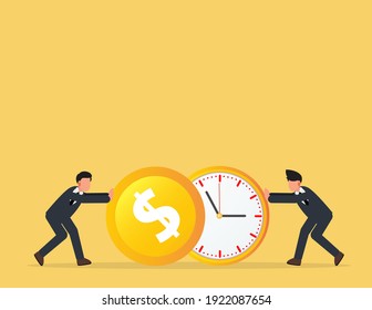 Empresario empuja una hora y moneda. describir el tiempo es dinero, competir, moverse y más rápido. concepto de negocio 