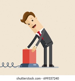 Businessman push the red button. Business and finance concept. Vector, Illustration, Flat