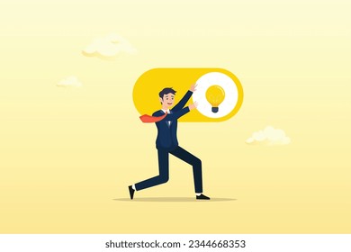 Businessman push toggle switch to turn on idea, turn on new idea, solution or innovation to solve problem, enable knowledge or creativity, toggle lightbulb idea invention, unlock or active (Vector)