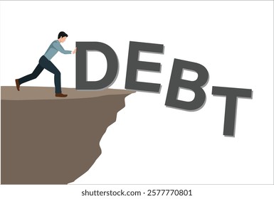 businessman push the word debt financial freedom. vector illustration