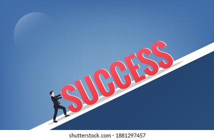 Businessman push word success up to hill concept. Business symbol vector illustration.