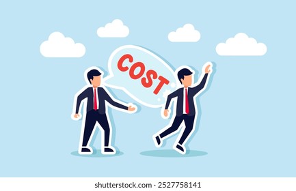 A businessman is pushed down by a text bubble saying "COST" from another businessman, illustrating an employee's poor decision about costs that leads to financial instability.