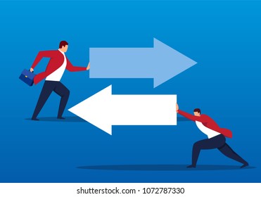 Businessman pushes arrow in different directions