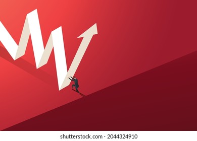 Businessman pushes an arrow graph on the edge of a cliff to grow back. Leadership Ideas for Overcoming Problems Increasing business profits in a down market. isometric vector illustration.