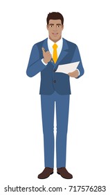 Businessman pushes a button of a ballpoint pen and wants to write on paper. Full length portrait of Black Business Man in a flat style. Vector illustration.