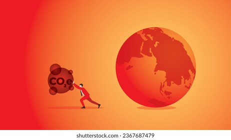 A businessman pushes CO2e away, to protect a red and hot earth. Air pollution, Net zero carbon footprint emission, Sustainability, Global heating, Climate emergency, crisis, and environmental concept.