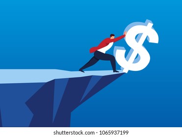 Businessman Pushes The Dollar Down The Cliff