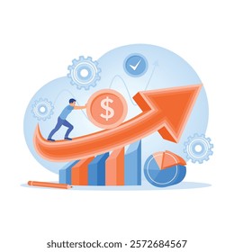 A businessman pushes a dollar symbol up a growing arrow. Demonstrates progress, economic growth, and financial success. Investing money in self-development concept. Flat vector illustration.