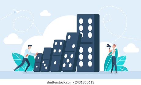 Businessman pushes down dominoes. Business man pushing hard falling deck of domino tiles. Cause and effect, strategy, idea development. Business Concept. Vector illustration