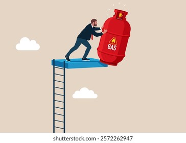 Businessman pushes gas cylinder off cliff into abyss. Modern flat vector illustration.